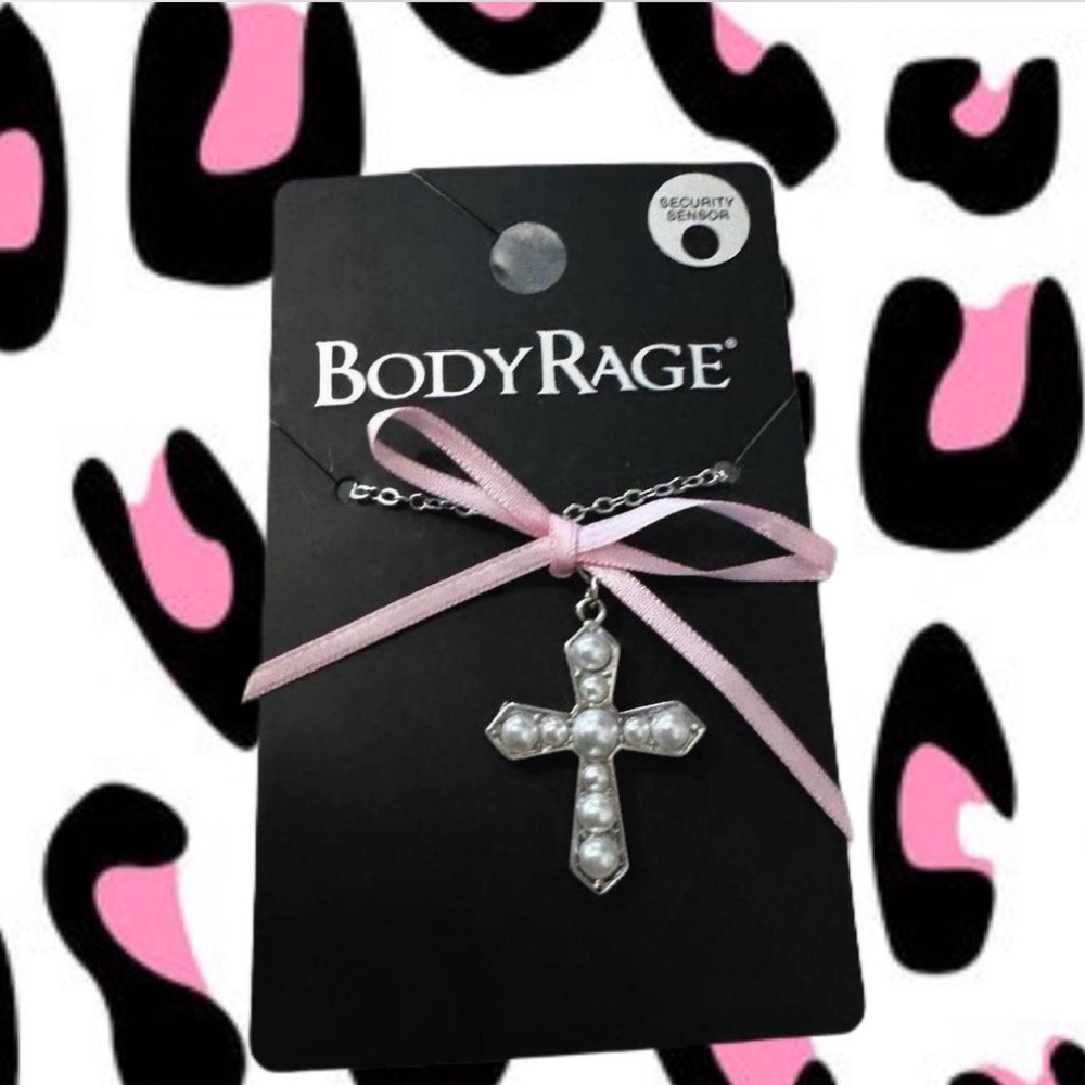 Coquette Pink Bow Pearl Cross Necklace
